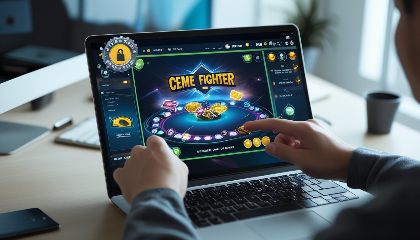 Seseorang menggunakan laptop dengan tampilan permainan kartu online di layar, dikelilingi oleh simbol keamanan dan suasana kerja yang rapi.