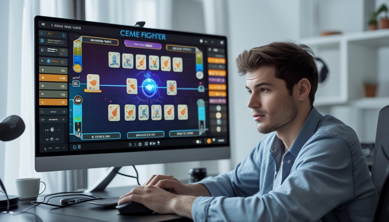Seorang pria muda sedang bermain permainan kartu online Ceme Fighter di depan komputer di sebuah ruangan modern.