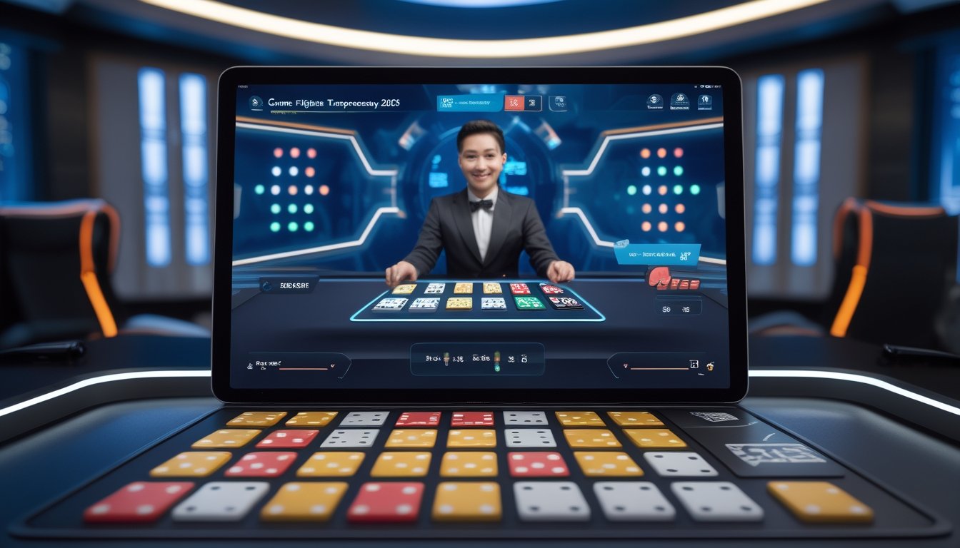 Seorang dealer langsung profesional di ruang permainan modern dengan layar menampilkan permainan domino digital yang cerah dan menarik.