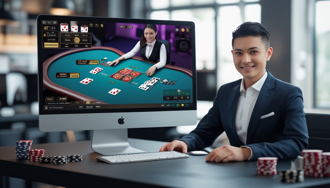 Tampilan komputer dan ponsel dengan permainan Domino QQ dan dealer langsung di latar belakang, di sebuah ruang kerja modern.