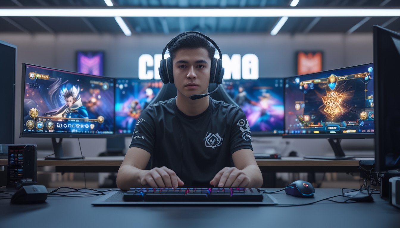 Seorang pemain muda fokus bermain permainan kartu online Ceme Fighter di depan beberapa layar komputer dengan suasana gaming yang terang dan modern.