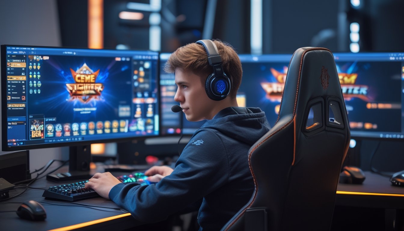 Seorang pria muda sedang bermain permainan Ceme Fighter online di depan beberapa monitor dengan ekspresi fokus dan serius.