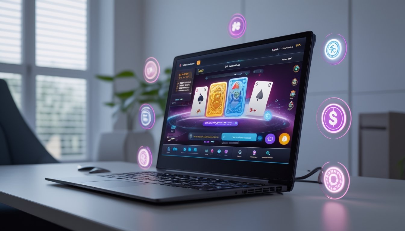 Seorang pengguna sedang bermain permainan kartu online di laptop di ruang kerja modern dengan pencahayaan hangat.