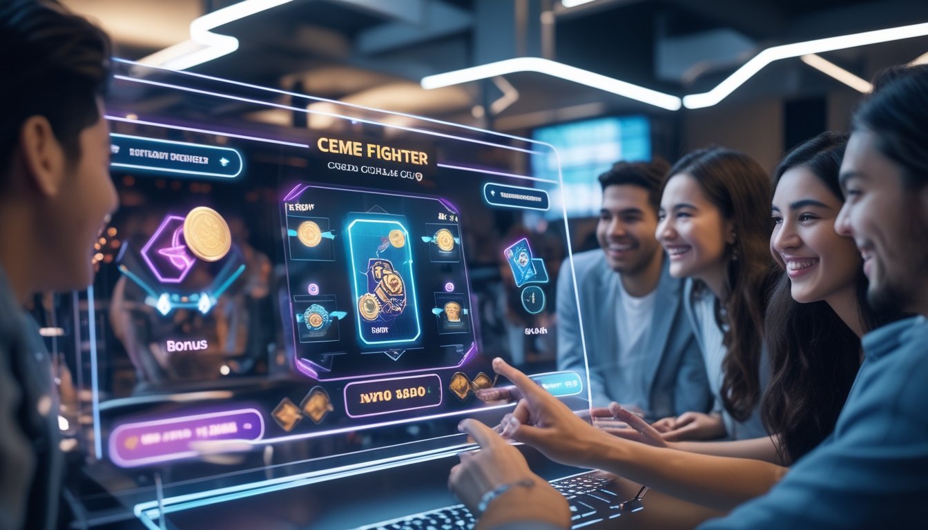 Sekelompok orang muda sedang berinteraksi dengan layar digital yang menampilkan permainan kartu dan bonus dalam suasana ruang teknologi modern.