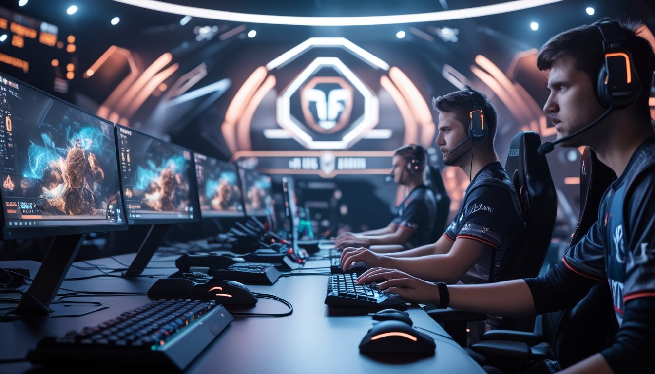 Sejumlah pemain esports fokus bermain di meja gaming dengan peralatan canggih dalam suasana kompetisi yang ramai dan profesional.
