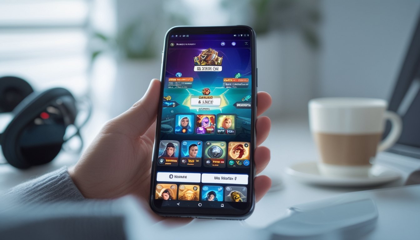 Seorang pengguna bermain game kartu online di ponsel Android dan iOS dengan tampilan game yang jelas di layar.