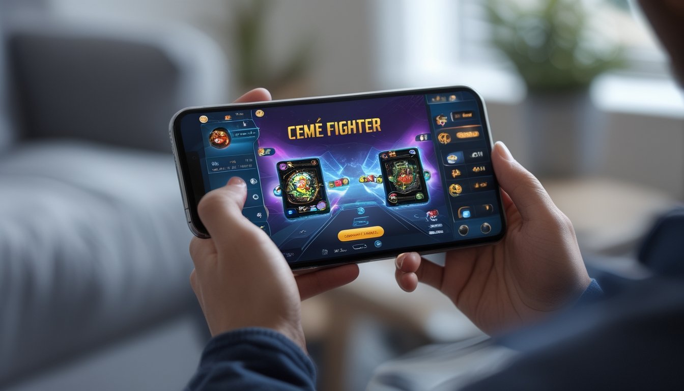 Seseorang memegang smartphone yang menampilkan permainan kartu Ceme Fighter online dengan latar belakang ruangan yang nyaman.