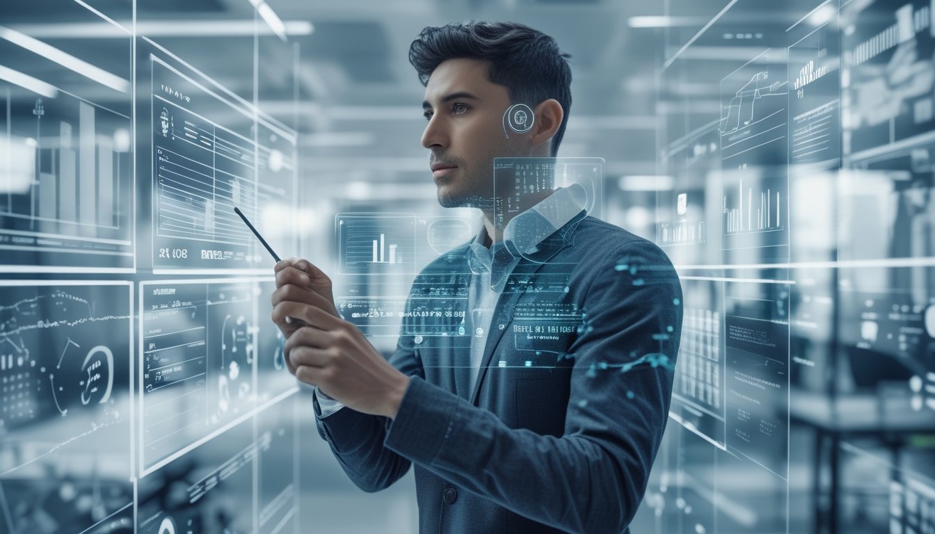 Seseorang yang serius sedang menganalisis data dan pola pada layar digital di ruang kantor modern.