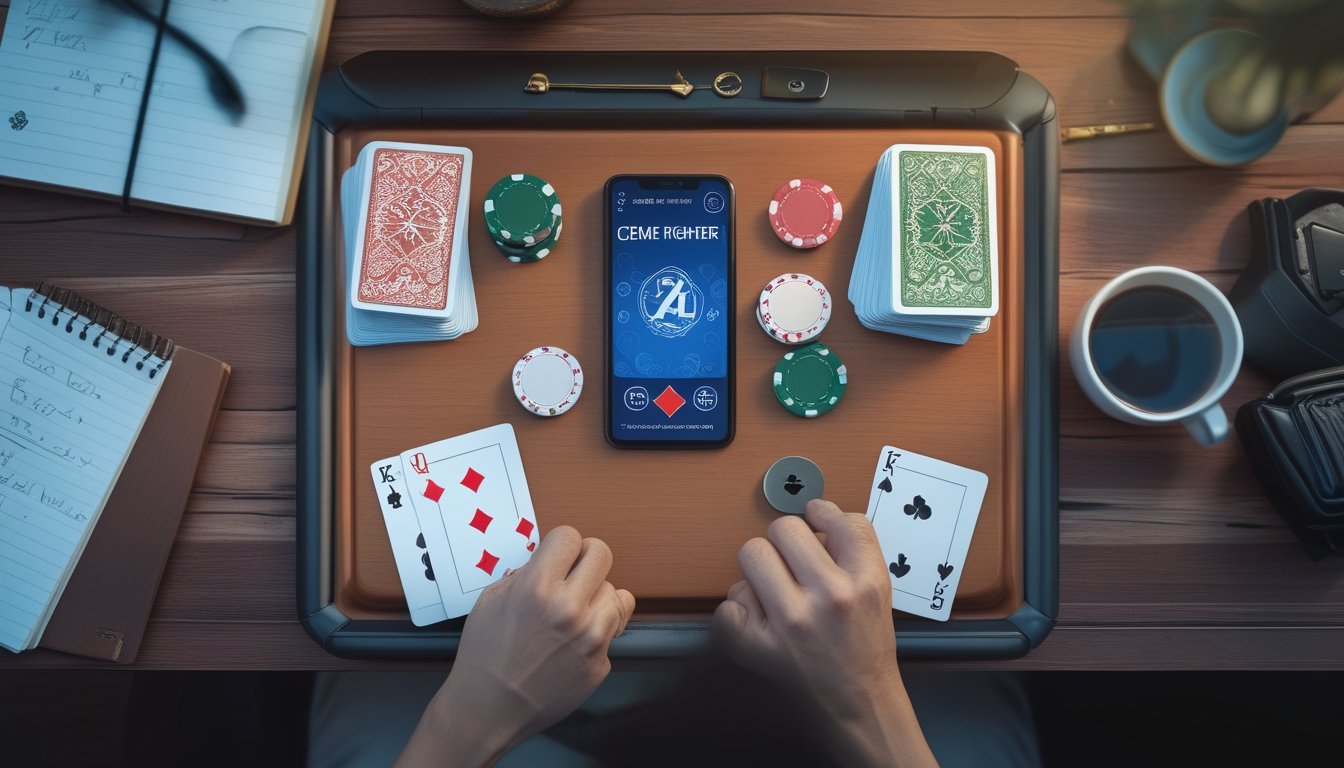 Pandangan atas meja permainan dengan kartu Ceme Fighter, chip poker, dan ponsel yang menampilkan permainan digital, dikelilingi catatan dan secangkir kopi.