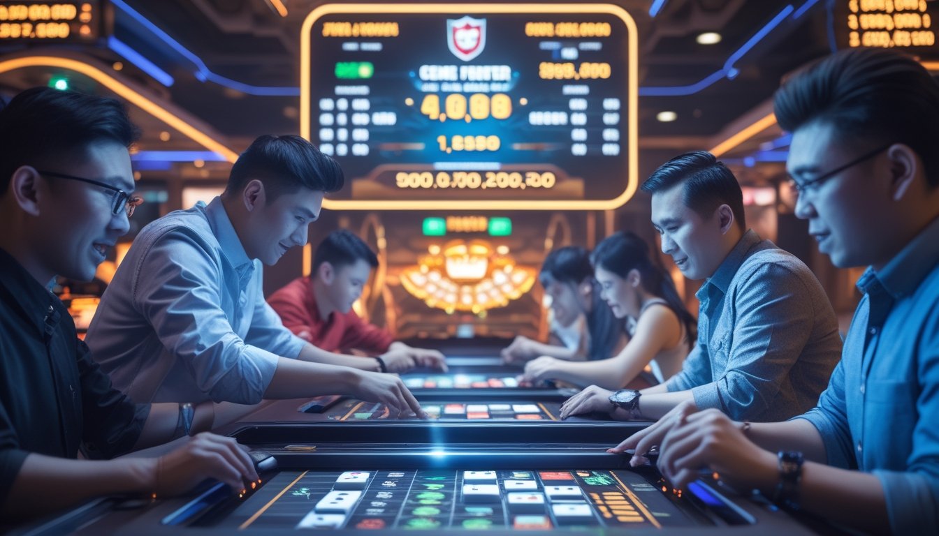 Sejumlah pemain sedang bermain domino fighter di kasino modern dengan suasana penuh semangat dan lampu warna-warni.
