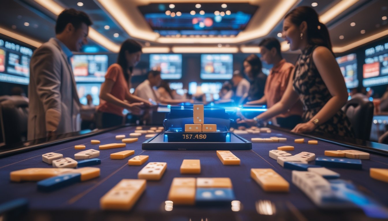 Suasana kasino langsung dengan pemain yang sedang bermain domino fighter di meja kasino, terlihat domino dan layar digital menampilkan permainan dan hadiah.