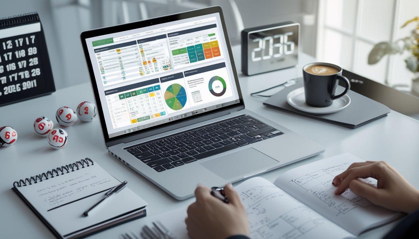 Meja kerja modern dengan laptop, catatan, dan bola lotre yang menunjukkan suasana analisis dan prediksi angka togel.