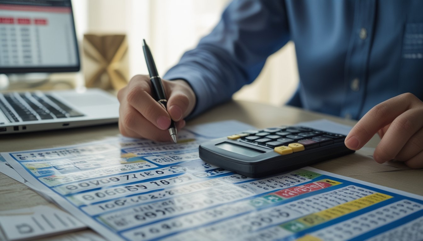 Meja kerja dengan tiket togel, kalkulator, dan tangan yang menunjuk pada grafik angka untuk analisis taruhan togel.