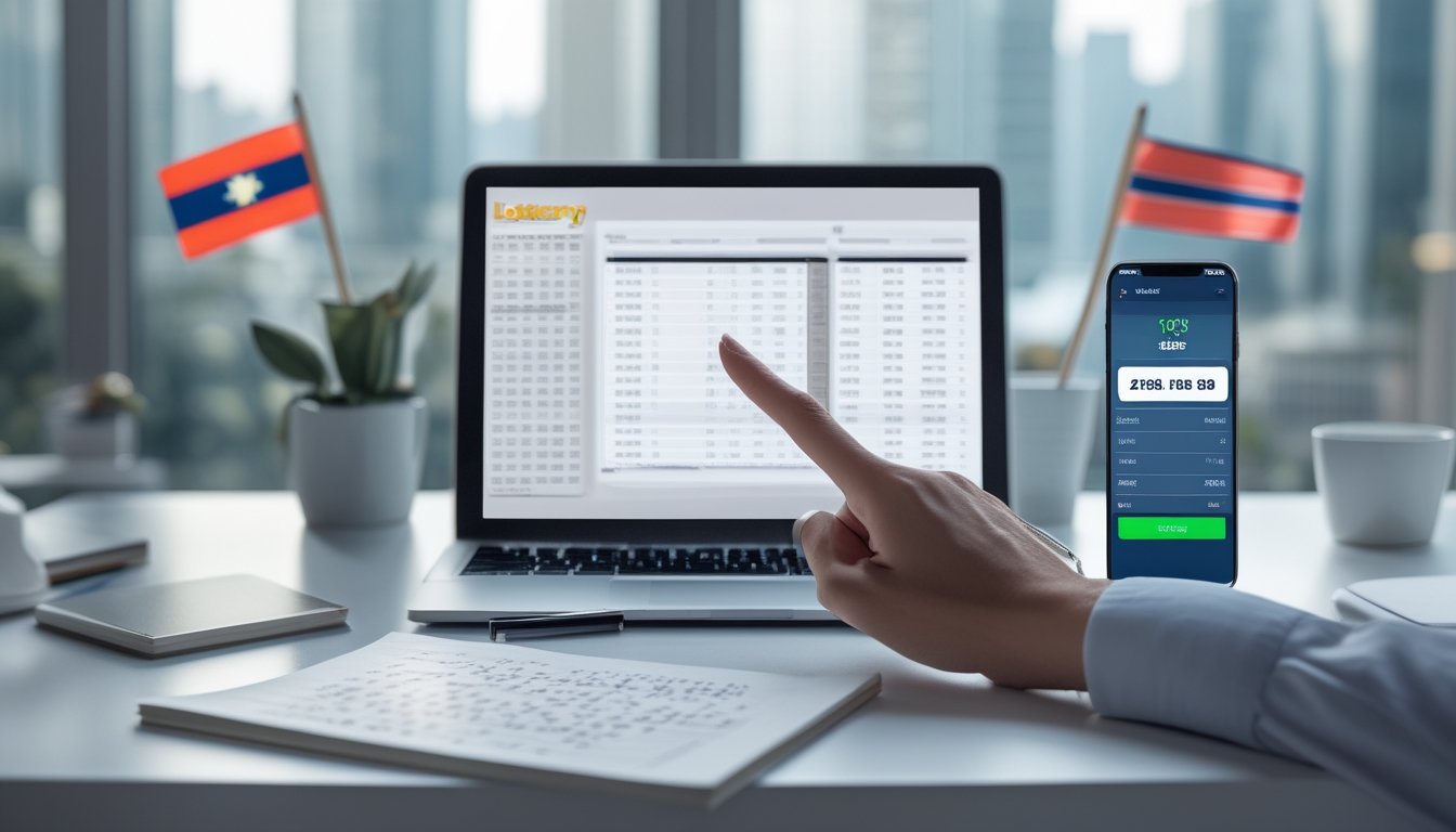 Meja kerja dengan laptop, catatan, dan ponsel yang menampilkan data prediksi togel, dengan latar belakang bendera kecil dari Kamboja, Singapura, dan Hong Kong.