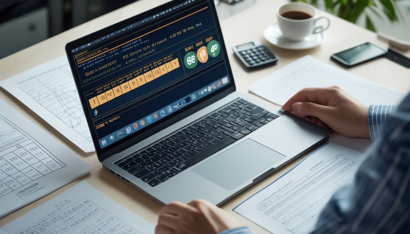 Seorang profesional sedang bekerja di meja dengan laptop, kertas data, kalkulator, dan ponsel, fokus pada analisis angka togel.