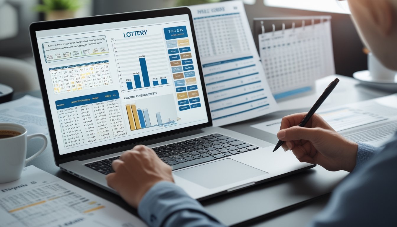 Meja kerja dengan laptop yang menampilkan grafik dan angka lotre, tangan seseorang menunjuk ke grafik, dan alat tulis di sekitar meja.