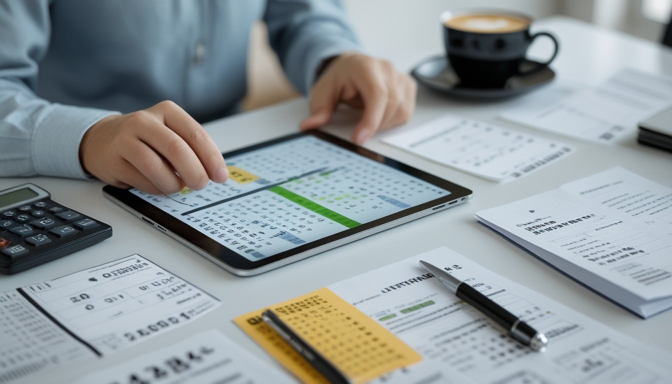 Seseorang sedang menganalisis tiket togel dan grafik di meja kerja dengan alat tulis dan kalkulator.