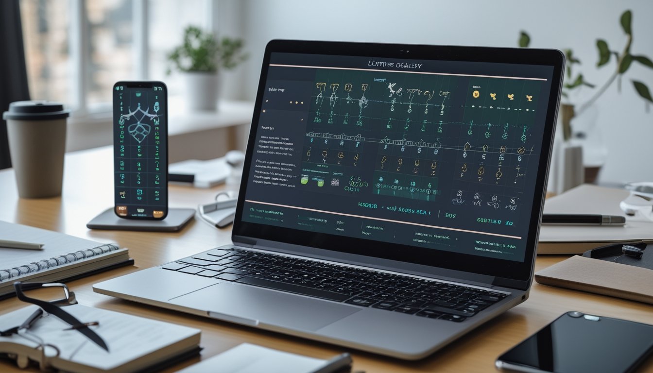 Meja kerja dengan laptop yang menampilkan grafik dan data, dikelilingi oleh buku catatan, pena, dan ponsel dengan simbol hewan shio dan angka, di ruang kantor yang terang dan rapi.