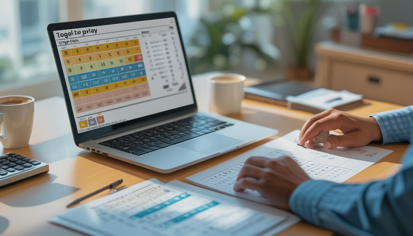 Seseorang sedang menganalisis data togel di meja kerja dengan laptop, kertas, kalkulator, dan catatan.