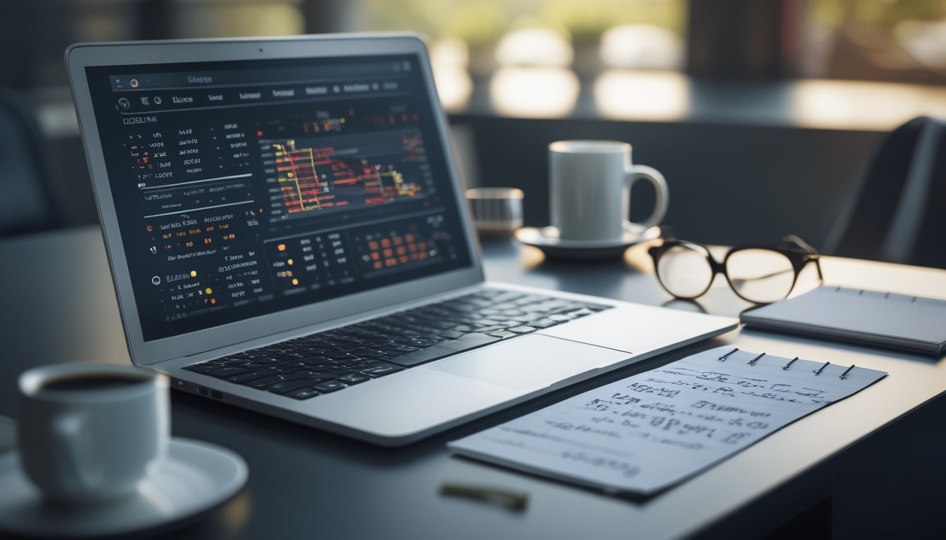 Meja kerja dengan laptop, ponsel, dan catatan yang menampilkan aktivitas prediksi dan pembaruan hasil togel secara langsung.