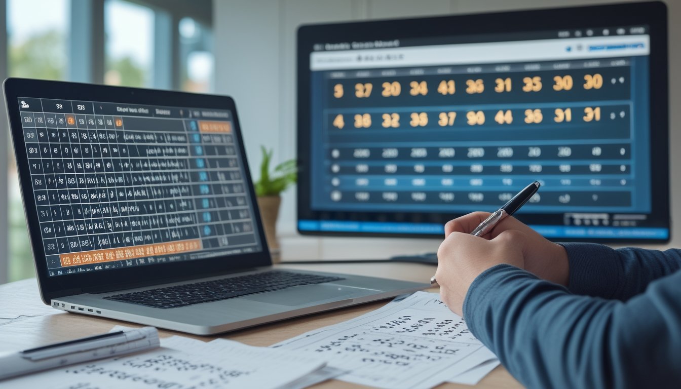 Orang sedang menganalisis angka togel di meja kerja dengan laptop dan layar digital menampilkan hasil undian langsung.