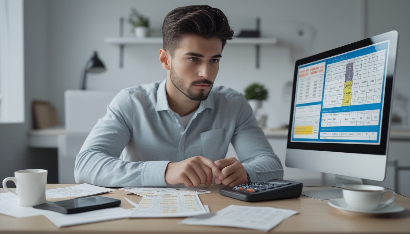 Seorang pria muda sedang duduk di meja modern, menganalisis strategi taruhan dengan laptop dan alat tulis di sekitarnya.