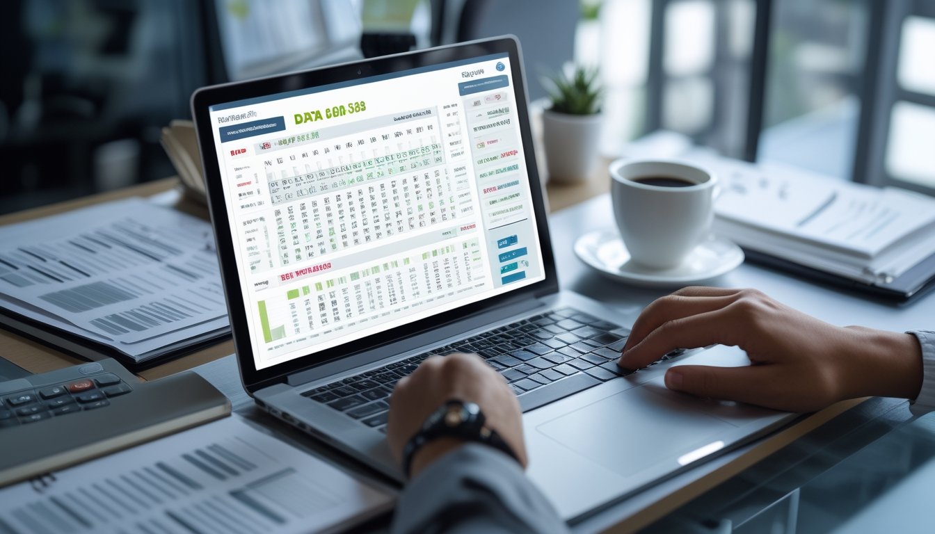 Meja kerja dengan laptop menampilkan grafik angka dan dokumen tertata rapi, suasana fokus dan profesional dalam menganalisis prediksi angka lotere.