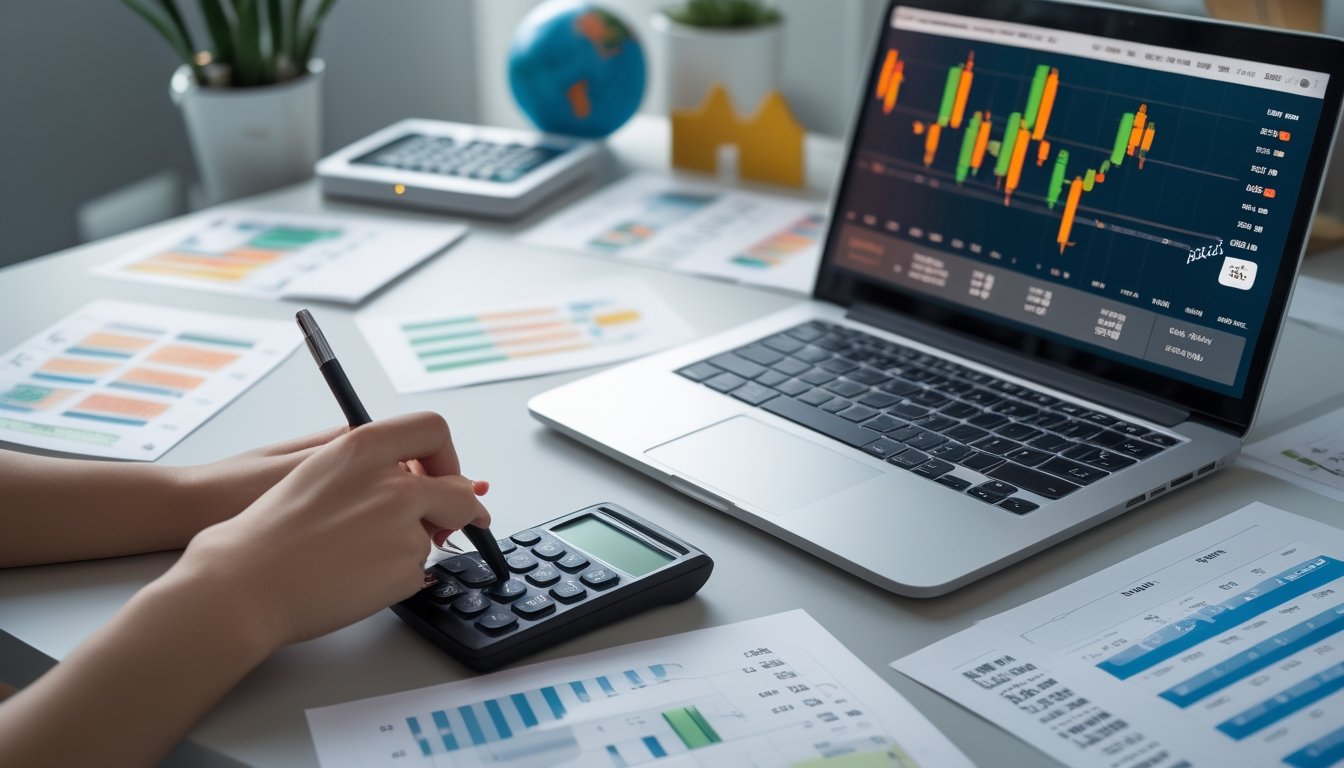 Meja kerja dengan laptop, kalkulator, dan kertas berisi data angka, menunjukkan seseorang sedang menganalisis perhitungan taruhan parlay.