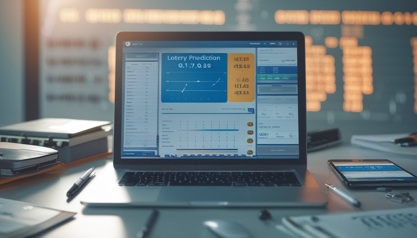 Meja kerja dengan laptop yang menampilkan grafik dan angka, dikelilingi buku catatan dan ponsel, menggambarkan suasana analisis prediksi togel.