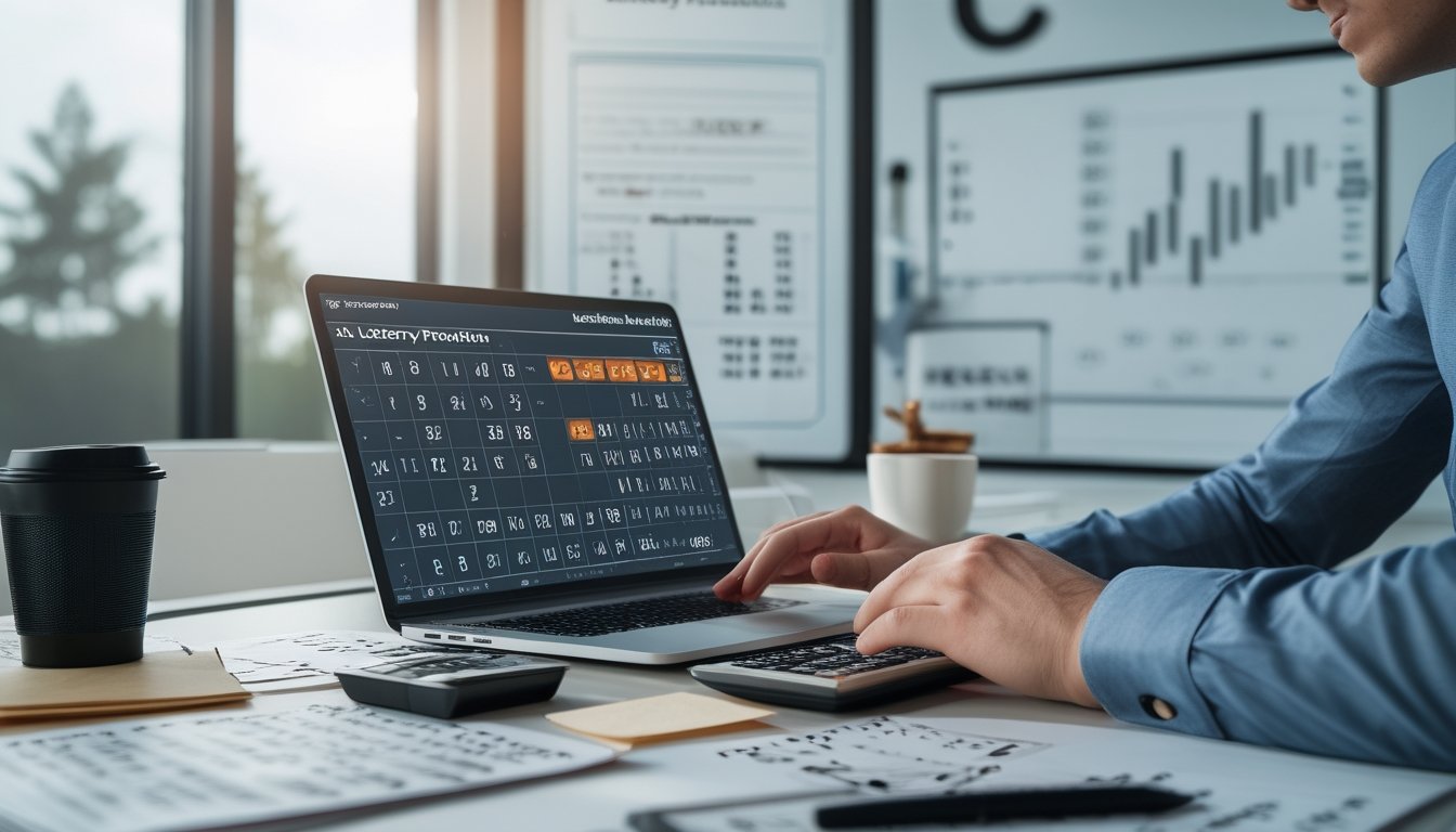 Meja kerja dengan laptop, kertas catatan, kalkulator, dan papan tulis berisi angka dan diagram untuk analisis togel.