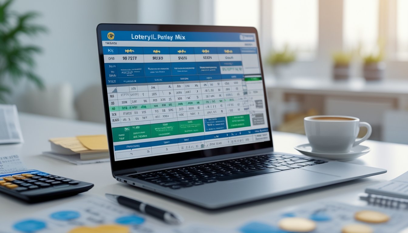 Meja kerja dengan laptop yang menampilkan grafik dan angka taruhan togel parlay, dilengkapi dengan kalkulator, catatan, dan secangkir kopi di sebuah kantor yang terang.