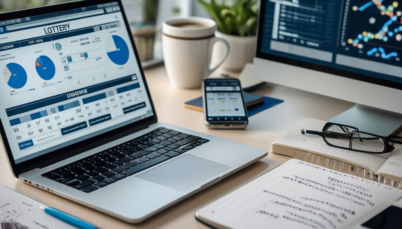 Meja kerja dengan laptop, ponsel, dan buku catatan yang menunjukkan aktivitas analisis prediksi togel.
