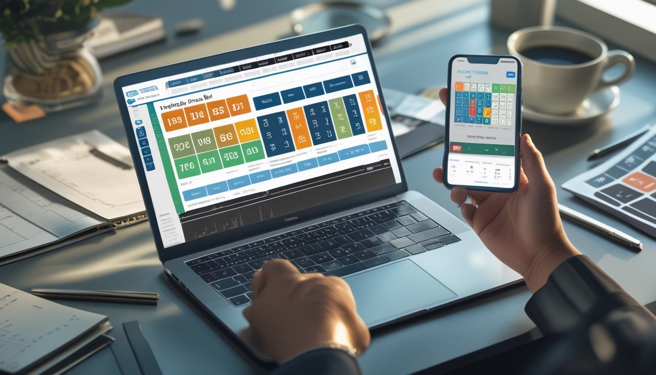 Seorang ahli sedang menganalisis data togel di meja kerja dengan laptop, catatan, dan smartphone.