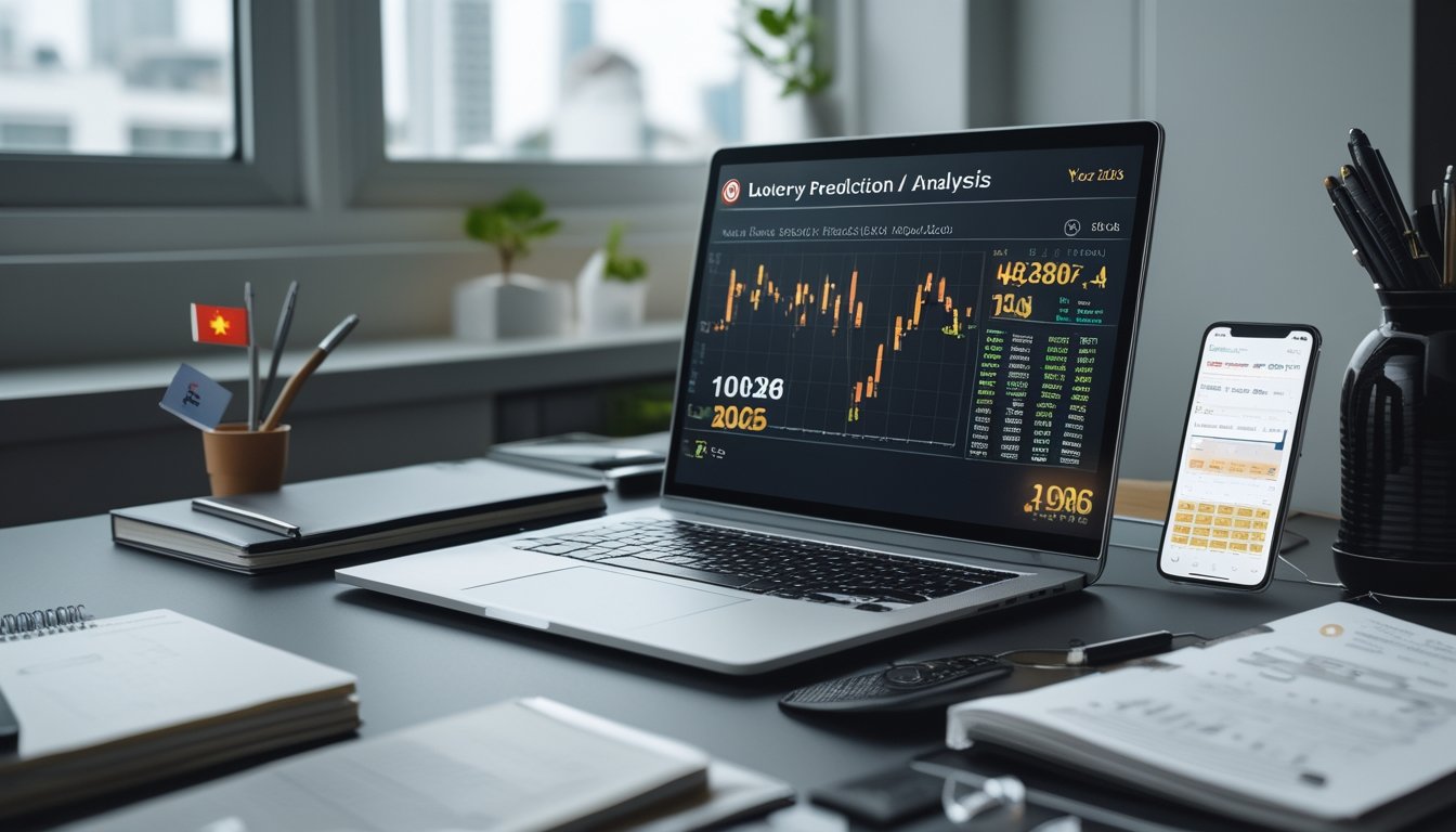 Meja kerja dengan laptop, catatan, dan ponsel yang menampilkan data dan grafik terkait prediksi angka togel dari Singapura, Hong Kong, dan Kamboja.