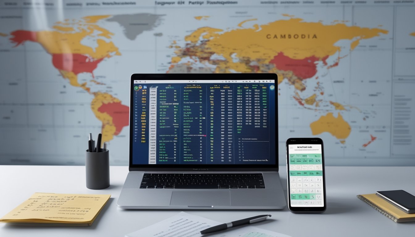Sebuah meja kerja modern dengan laptop, catatan, dan ponsel yang menampilkan data dan grafik terkait prediksi angka togel dari beberapa negara.