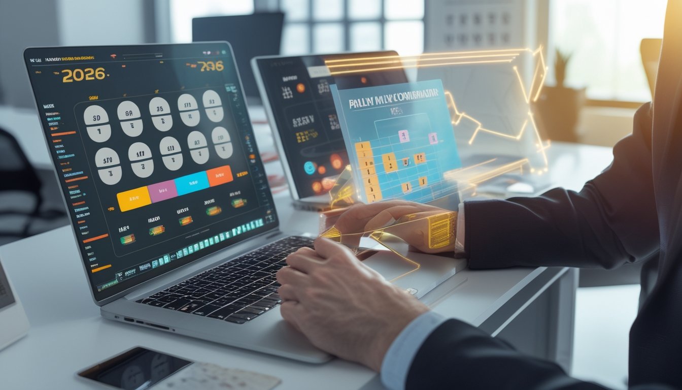 Seseorang bekerja dengan perangkat digital di meja, menganalisis kombinasi angka lotere 2D, 3D, dan 4D dalam suasana kantor yang terang dan modern.