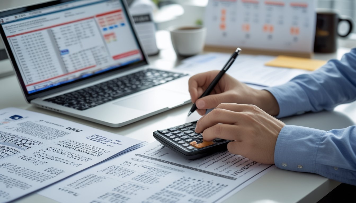 Meja kerja dengan laptop, kalkulator, dan dokumen berisi data dan rumus matematika, seseorang sedang menghitung dan mencatat.