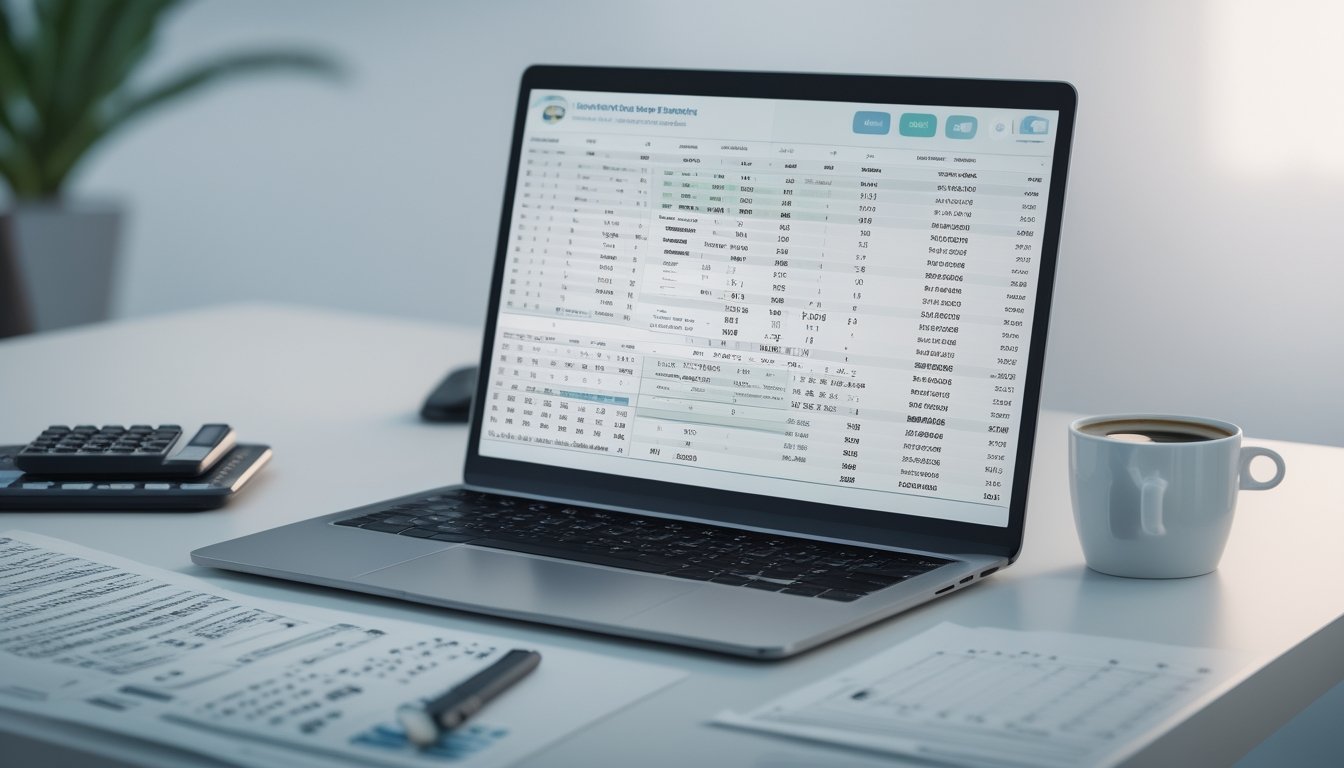 Meja kerja dengan laptop menampilkan grafik statistik dan alat tulis yang digunakan untuk analisis prediksi togel.