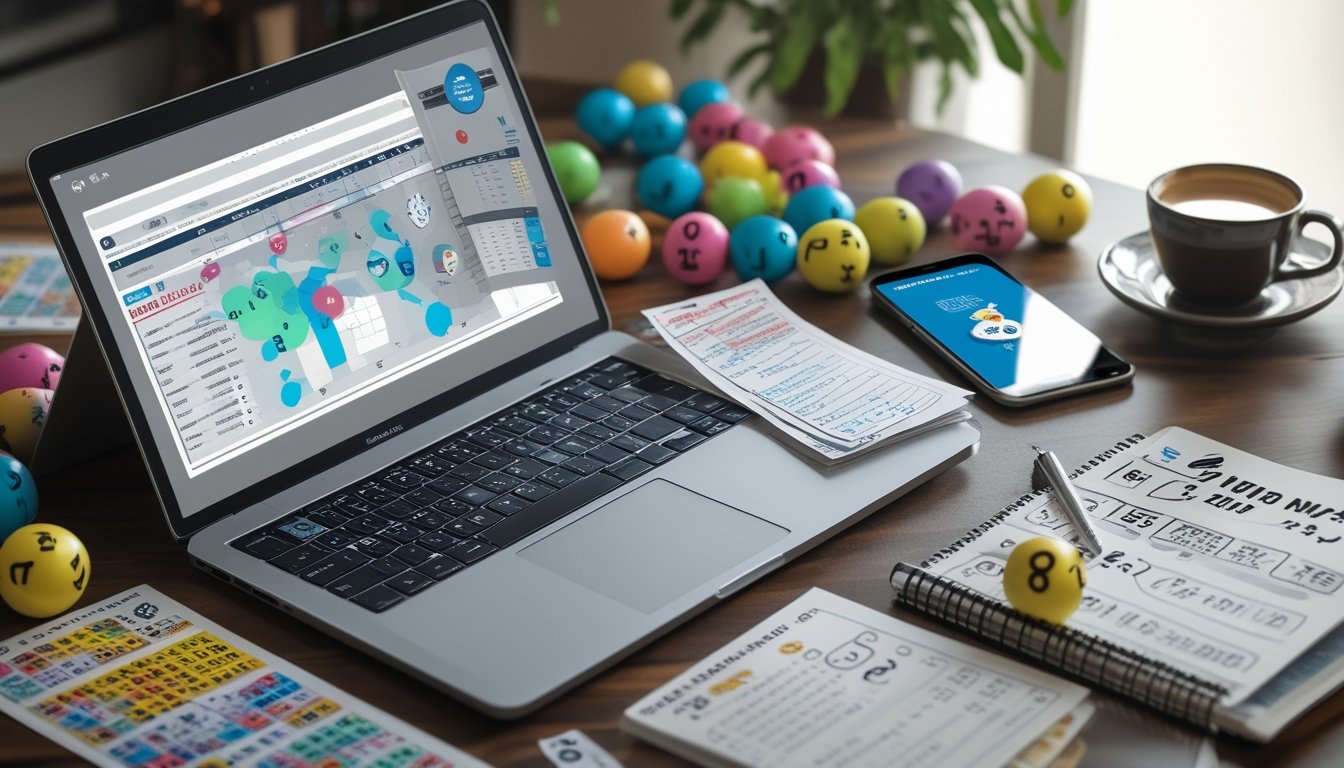 Meja kerja dengan laptop, catatan, tiket togel, bola bernomor, dan ponsel yang menunjukkan aplikasi togel.