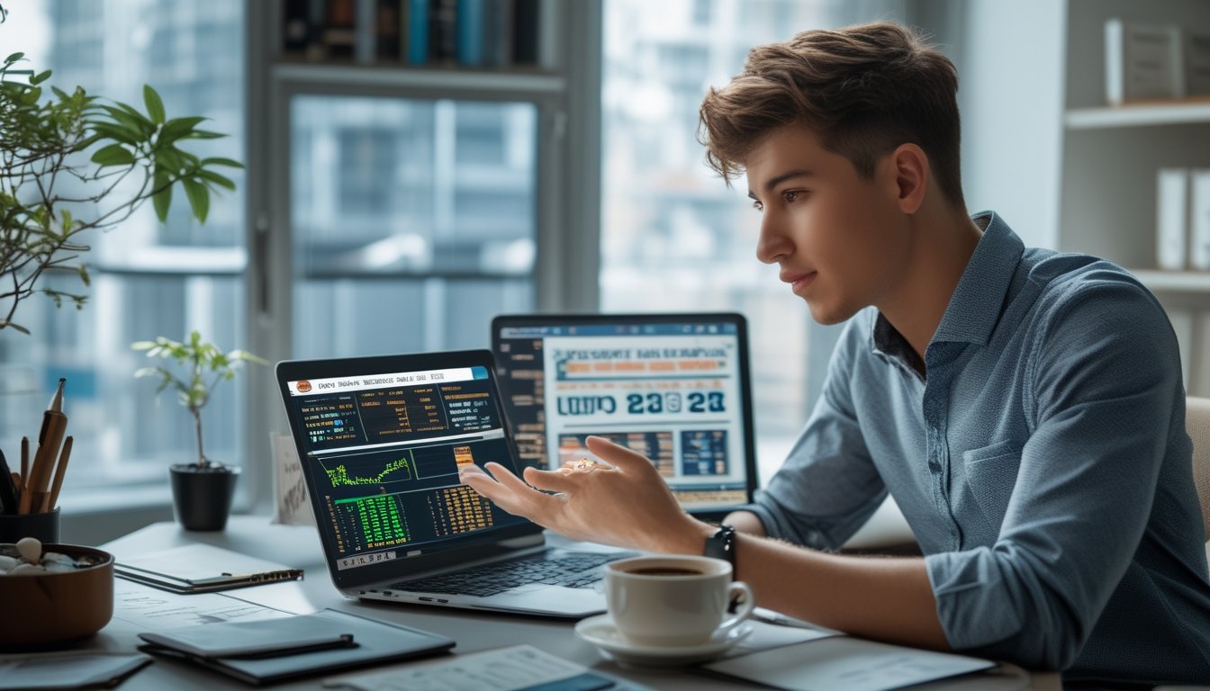 Seseorang sedang duduk di meja kerja dengan laptop dan tablet, menganalisis data keuangan dan strategi taruhan untuk mendapatkan keuntungan besar dengan modal kecil.