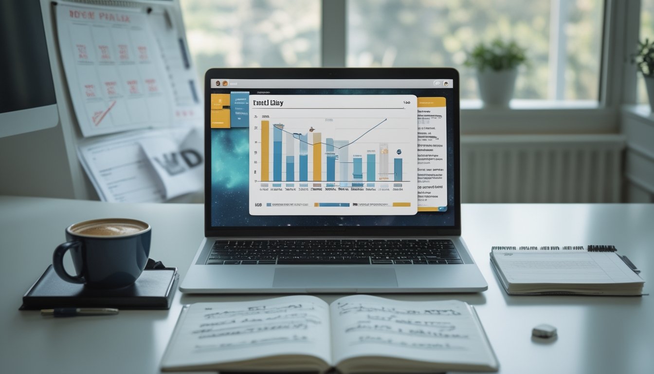 Meja kerja dengan laptop menampilkan grafik keuangan, buku catatan, dan secangkir kopi, menggambarkan suasana perencanaan investasi kecil dengan potensi keuntungan besar.