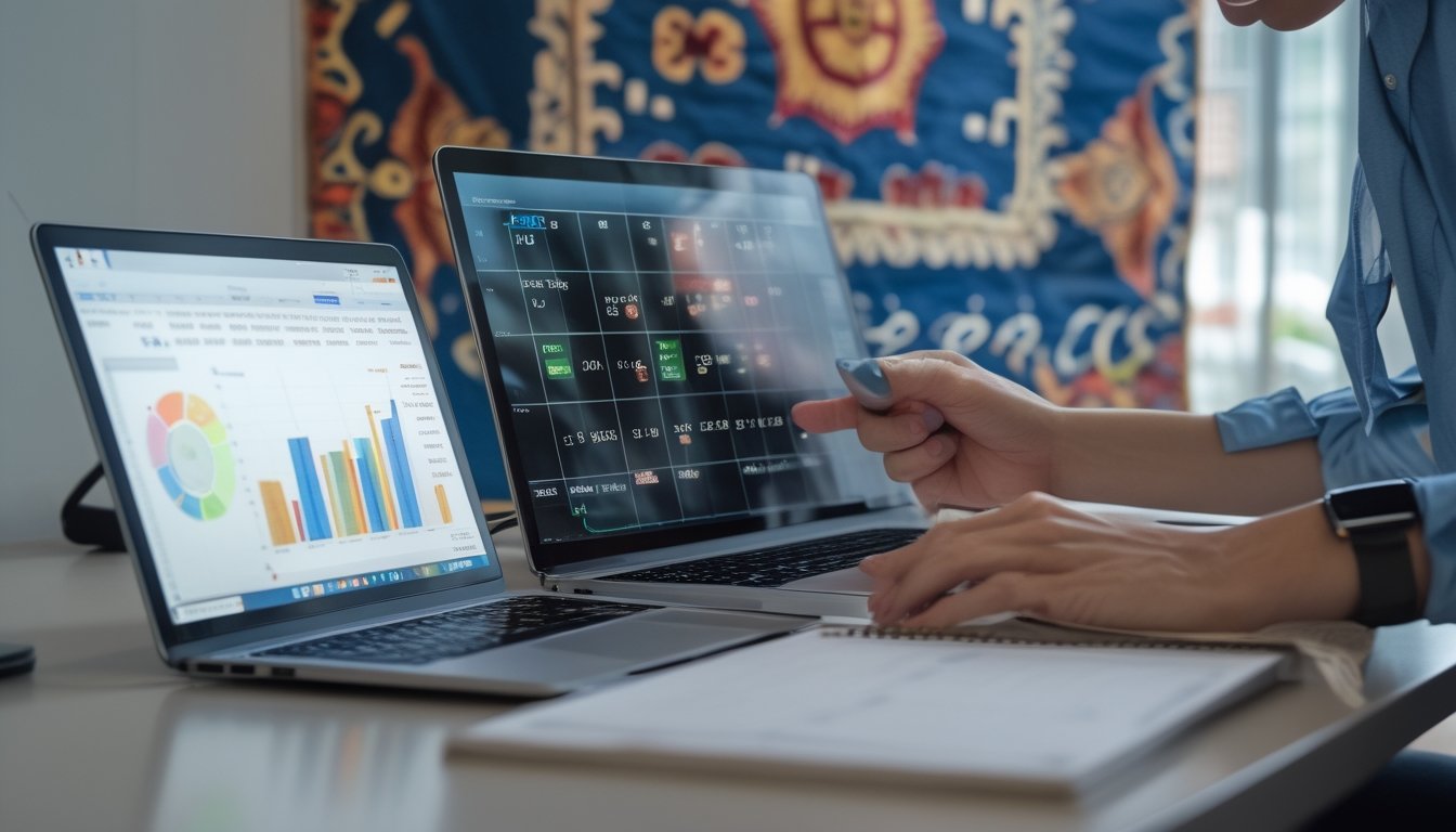 Meja kerja dengan perangkat digital menampilkan grafik dan angka, seseorang sedang menganalisis data lotere dengan latar belakang hiasan batik.