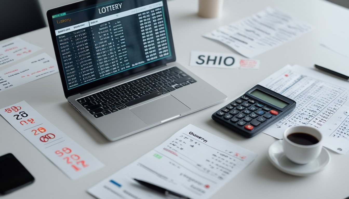 Meja kerja dengan laptop, kalkulator, dan kertas berisi rumus angka terkait togel dan shio, suasana rapi dan terang.