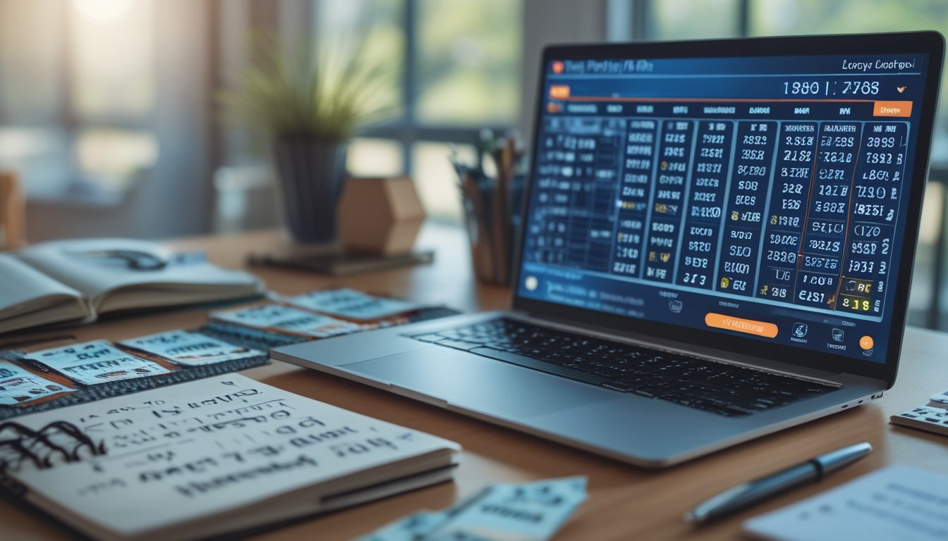 Meja kerja dengan laptop yang menampilkan antarmuka taruhan togel, tiket togel, pena, dan buku catatan dengan tulisan tangan.