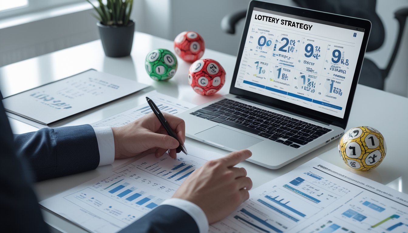 Meja kerja dengan laptop menampilkan grafik dan angka, tangan seseorang menunjuk data pada kertas, serta bola lotere di latar belakang.