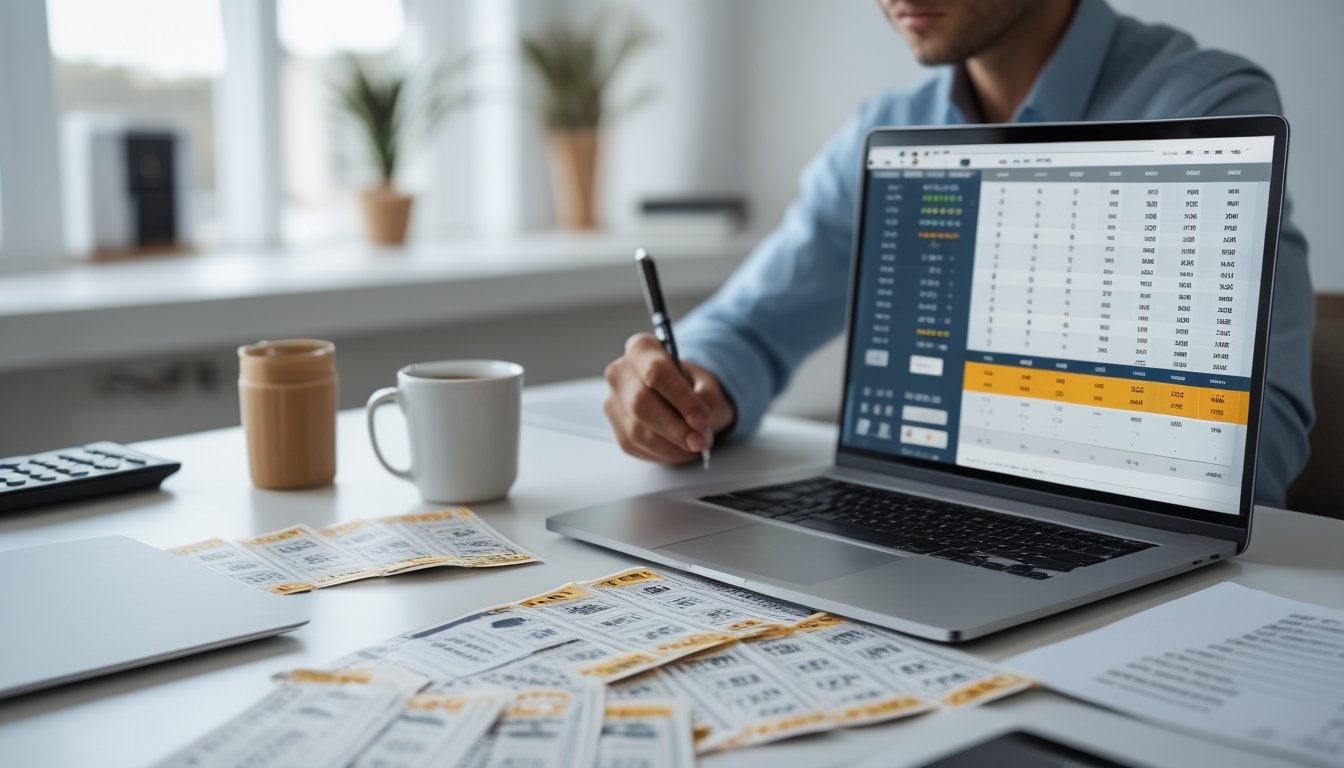 Seseorang sedang bekerja di meja dengan laptop, catatan, dan tiket lotre, fokus pada analisis data dan perencanaan taruhan.