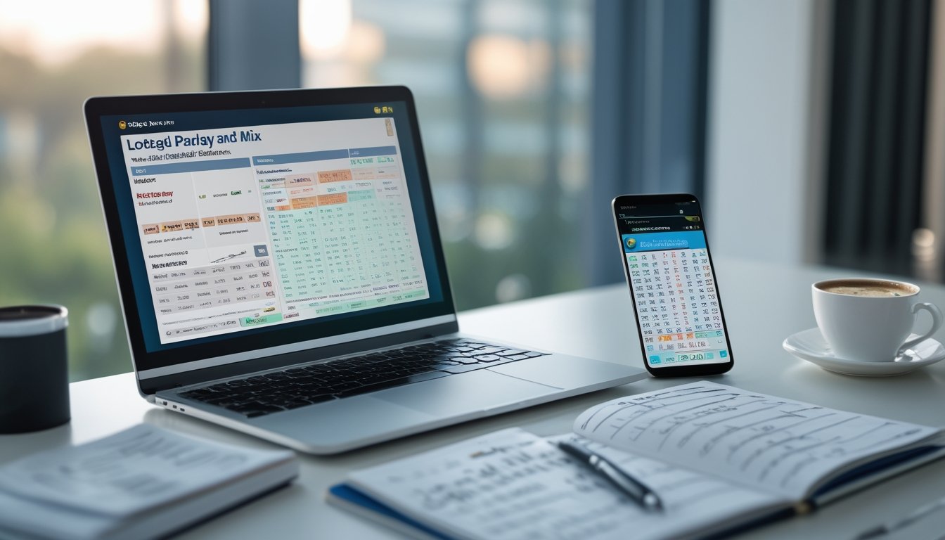 Meja kerja dengan laptop, catatan, dan ponsel yang menampilkan data terkait permainan togel parlay dan mix.