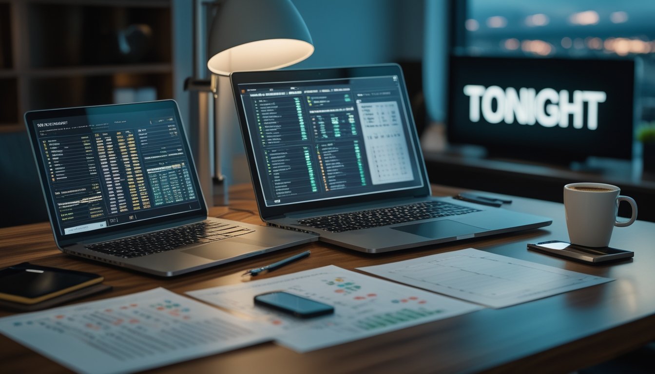 Meja kerja dengan laptop, ponsel, dan kertas berisi angka dan grafik, menunjukkan suasana prediksi angka togel malam hari.