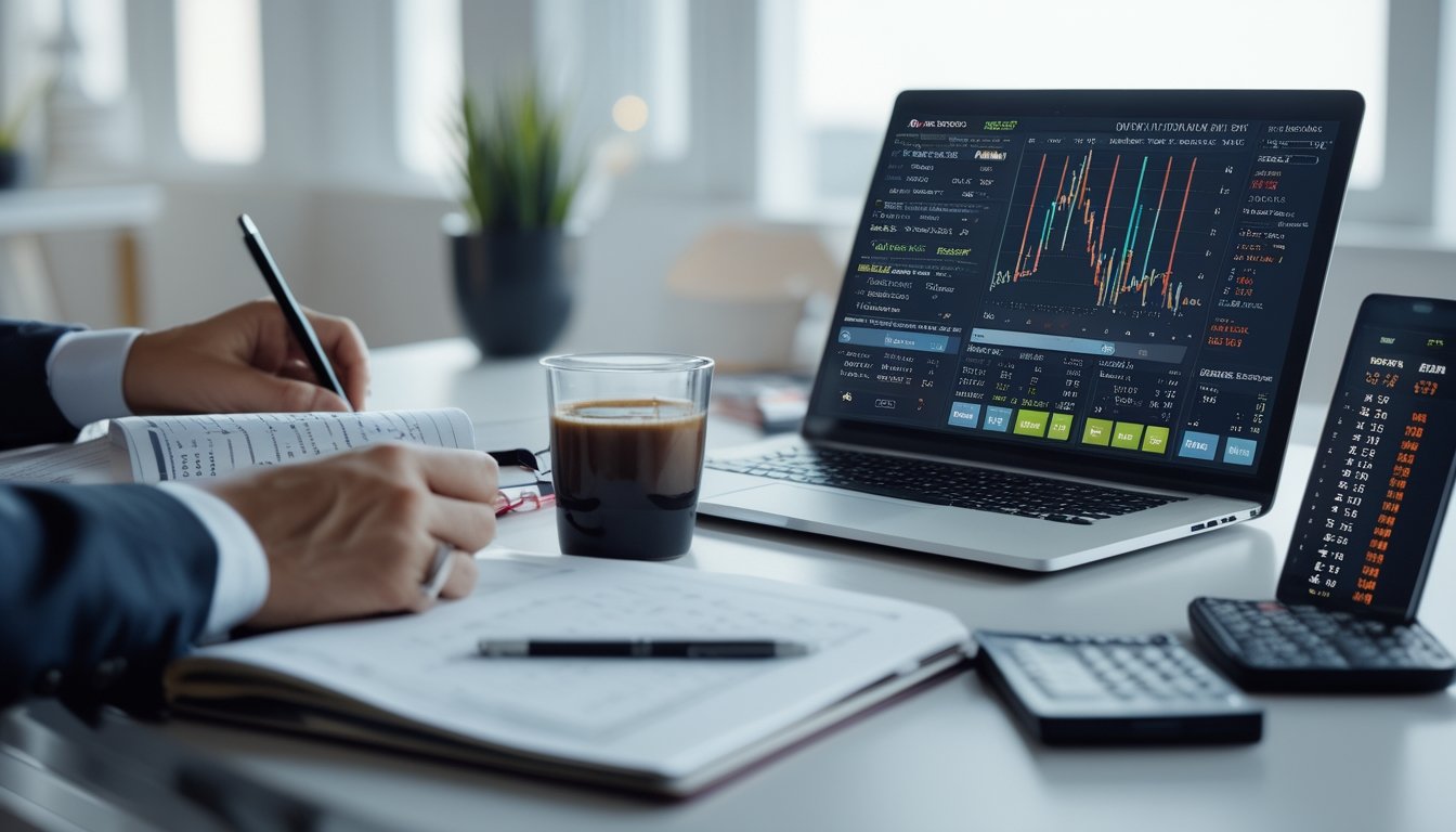 Seseorang sedang menganalisis data di meja kerja dengan laptop, buku catatan, dan ponsel, menunjukkan suasana perencanaan strategi taruhan.