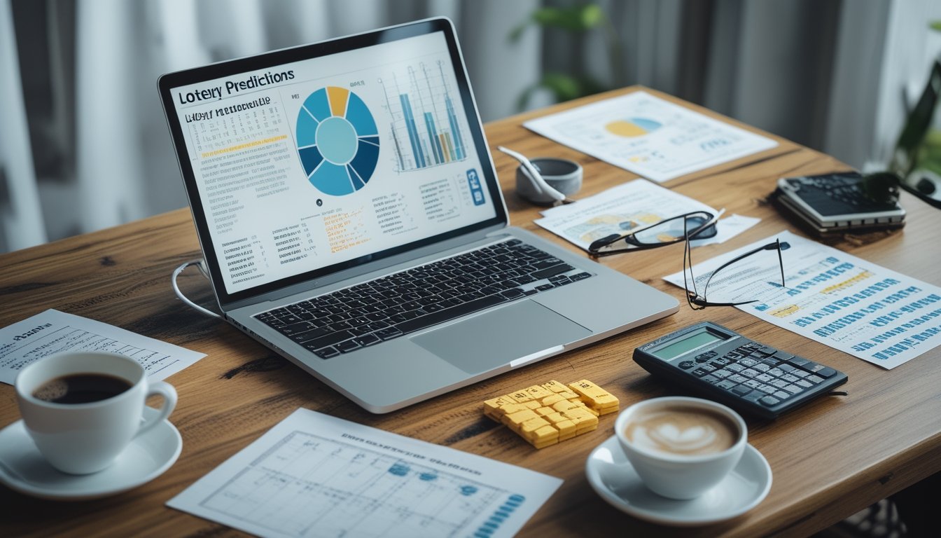 Meja kerja dengan laptop, kertas berisi rumus dan grafik statistik, kalkulator, dan cangkir kopi.